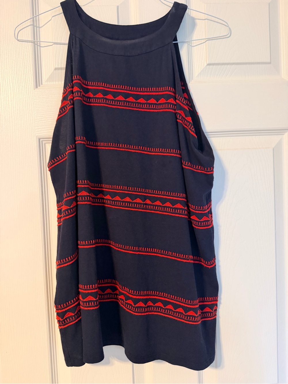 J. Jill Navy Dress with Red Embroidered Stripes
